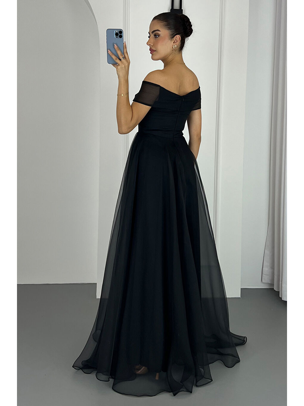 Kadın Siyah Kayık Yaka Uzun Söz Nişan Nikah Abiye Elbise-4