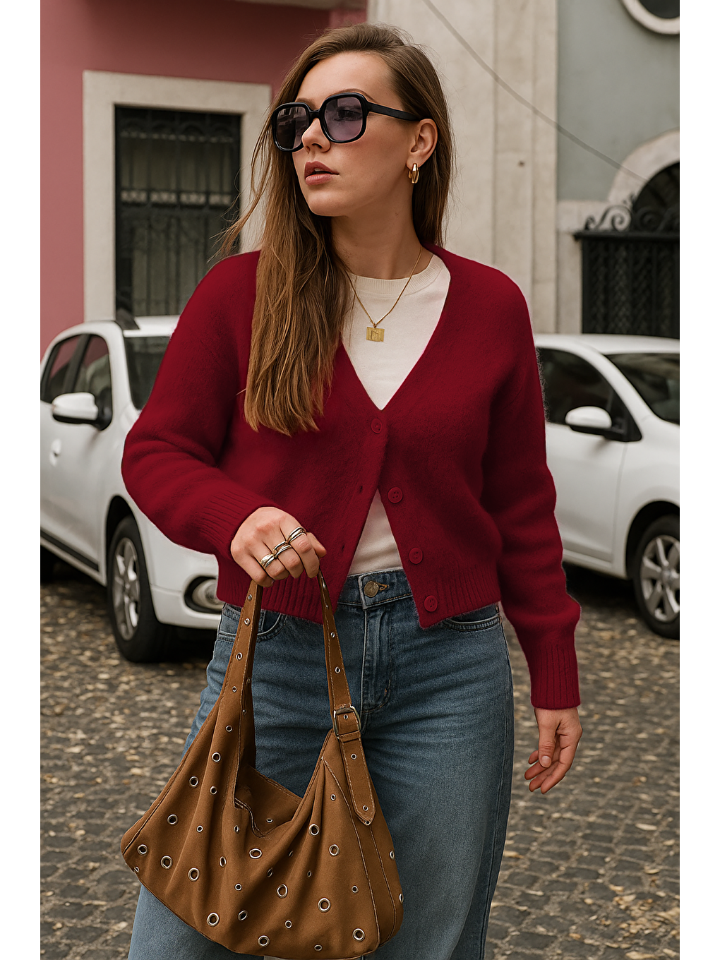 Bordo V Yaka Kadın Triko Hırka Mg2462-3