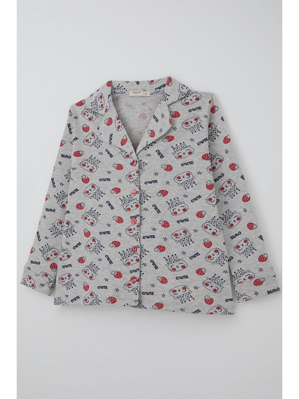 Kız Çocuk Pijama Takımı Kraliçe Kedicik & Çilek Desenli Açık Gri Melanj (7-11 Yaş)-5