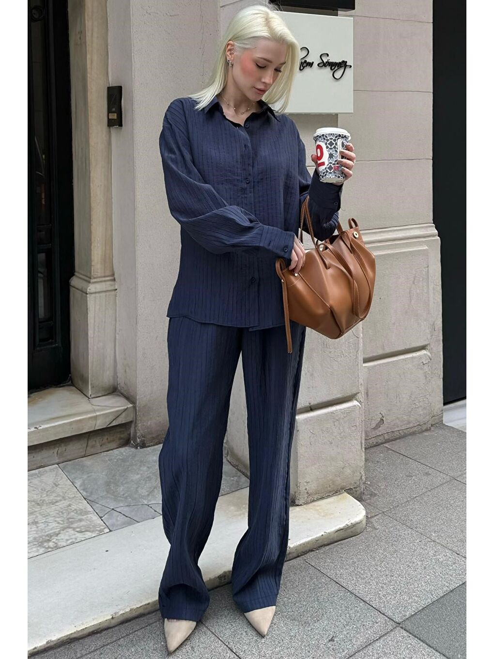 Lacivert Çizgili Kadın Gömlek Takım Mg2695-5