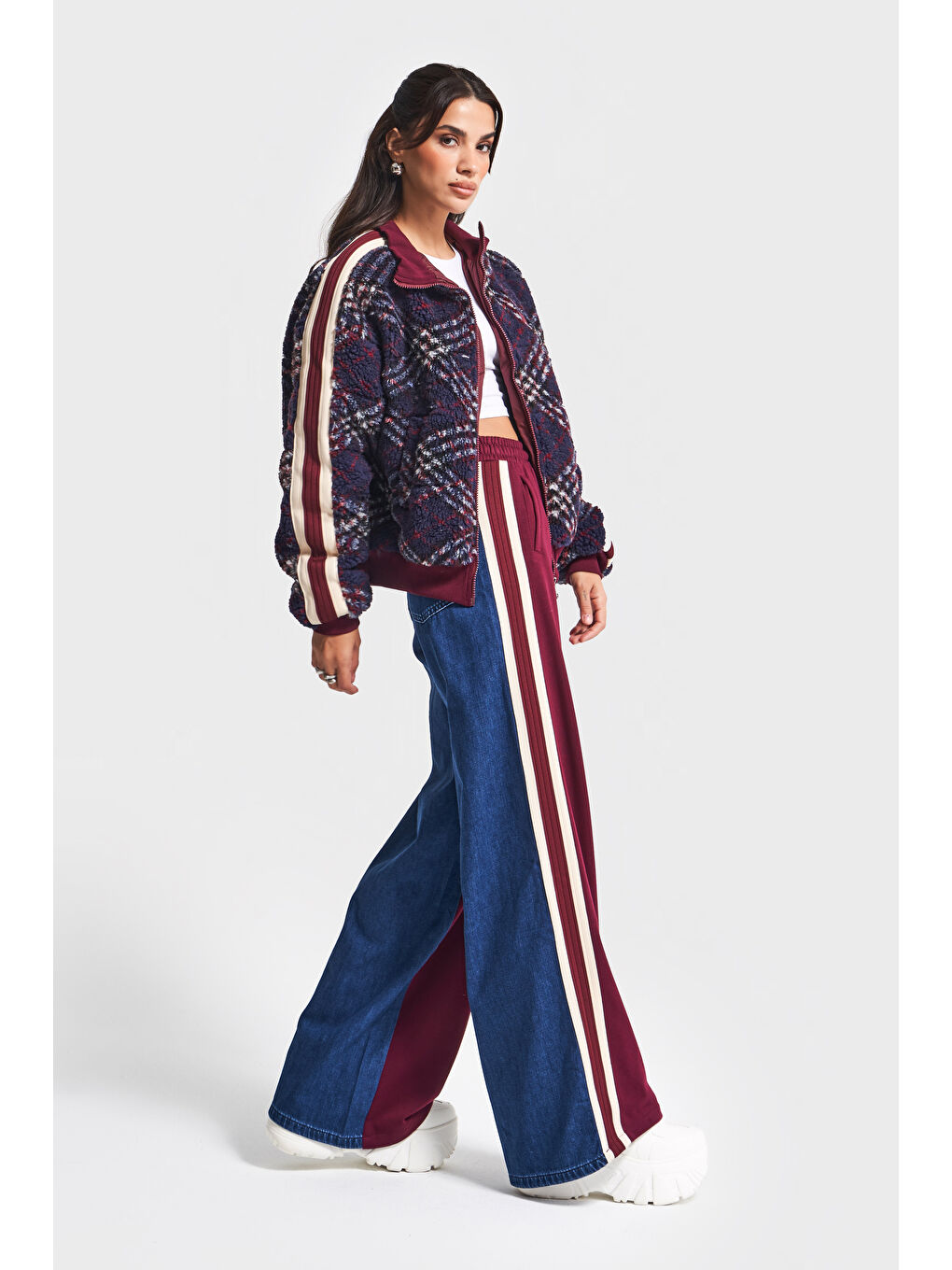 Kadın Jean Bordo Renk w5-35 Mont Pantolon 2'li Kombin Tasarım Takım-1