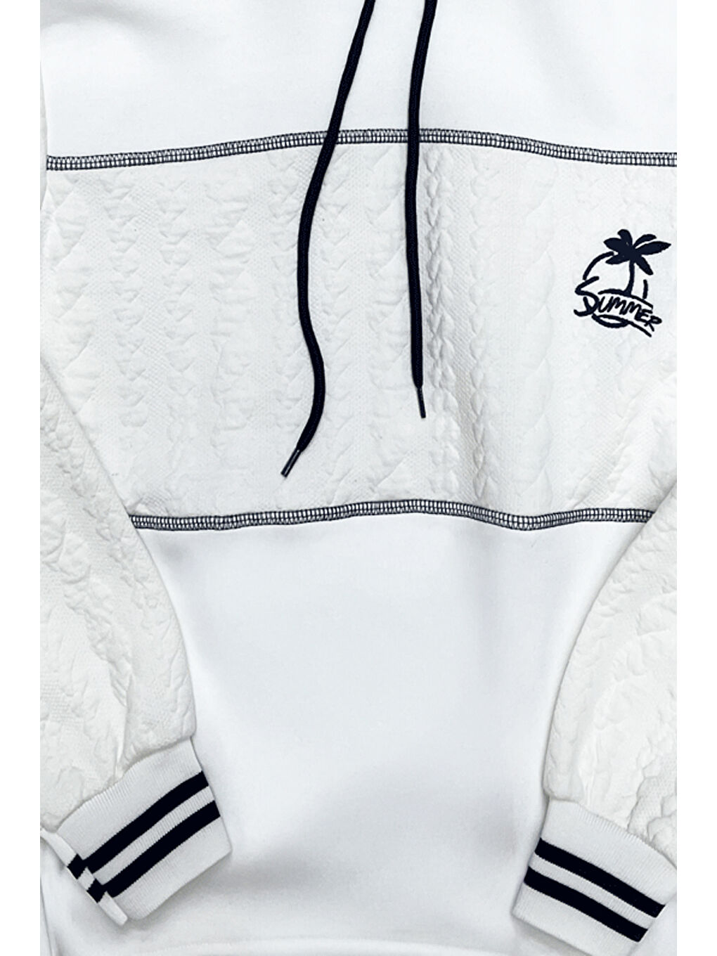 Beyaz Erkek Çocuk 3 İplik Garni Örme Desenli Kapüşonlu Sweatshirt 12334-1