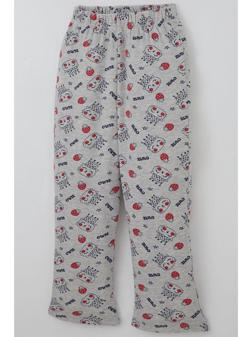 Kız Çocuk Pijama Takımı Kraliçe Kedicik & Çilek Desenli Açık Gri Melanj (7-11 Yaş)-6