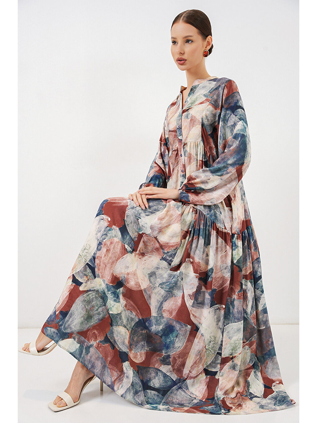 Kahverengi Kadın Desenli Uzun Tesettür Elbise 2585 - A. Kiremit-2