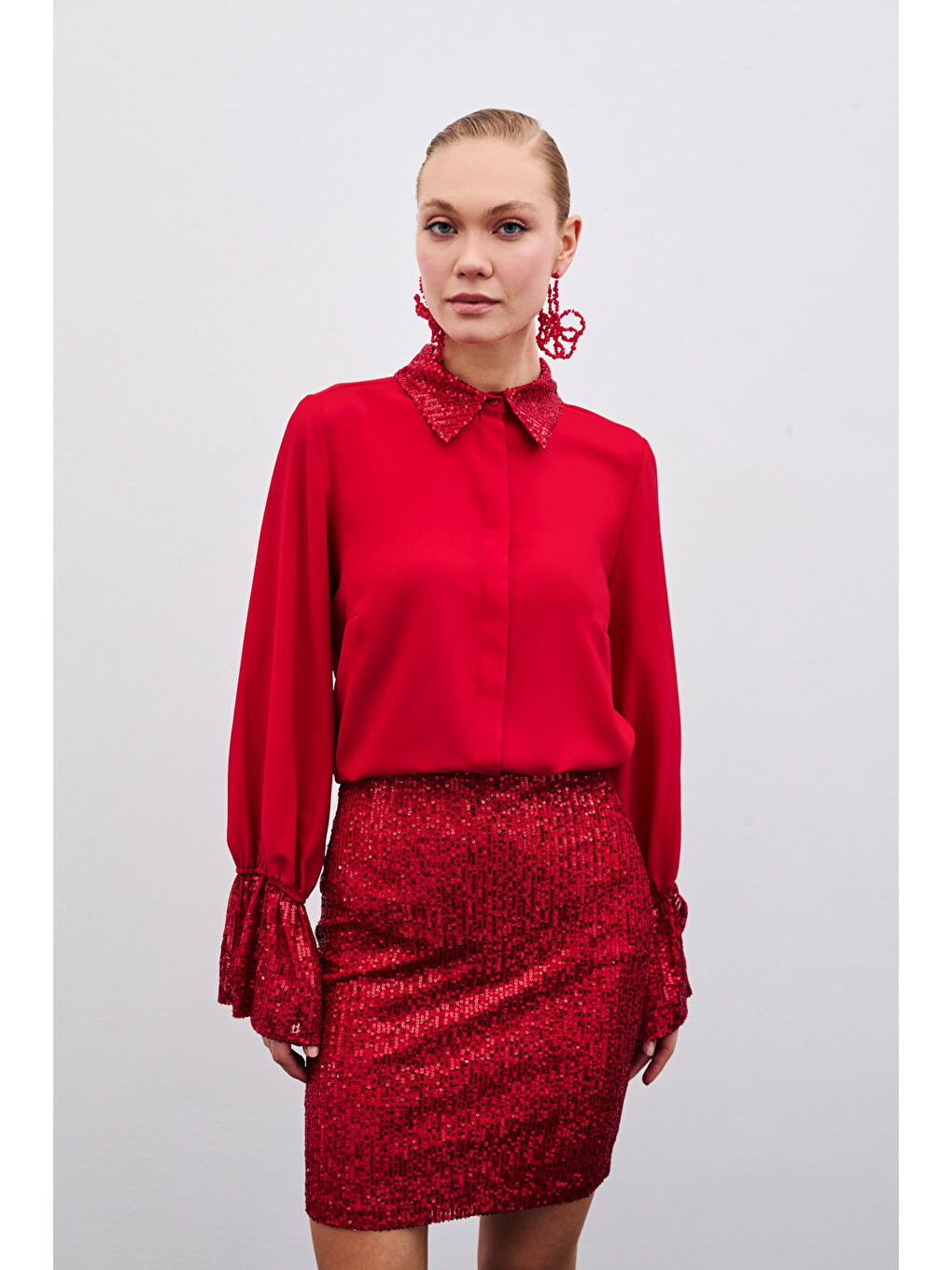 Payet Detaylı Gömlek - Kırmızı-1