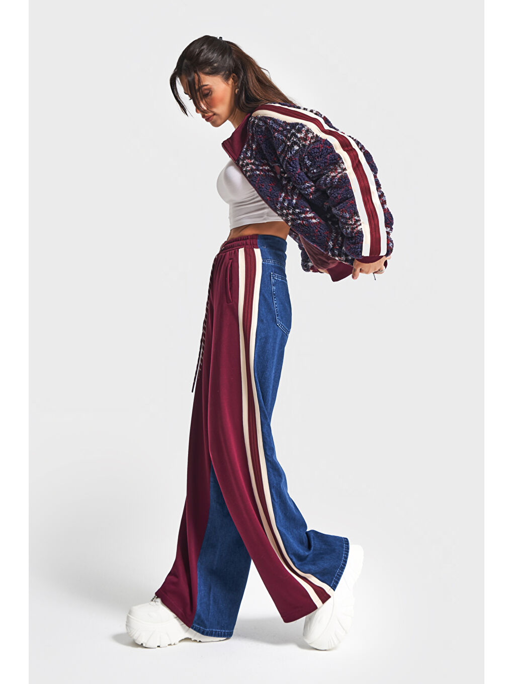 Kadın Jean Bordo Renk w5-35 Mont Pantolon 2'li Kombin Tasarım Takım-3