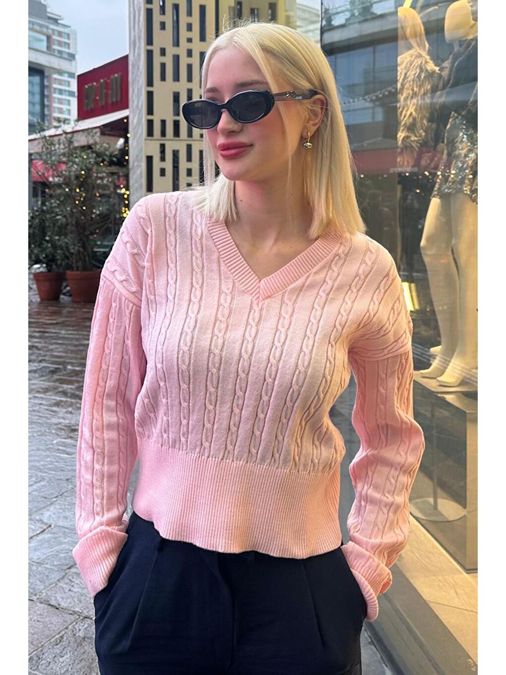 Pembe V Yaka Örgülü Triko Kadın Kazak Mg2257-2