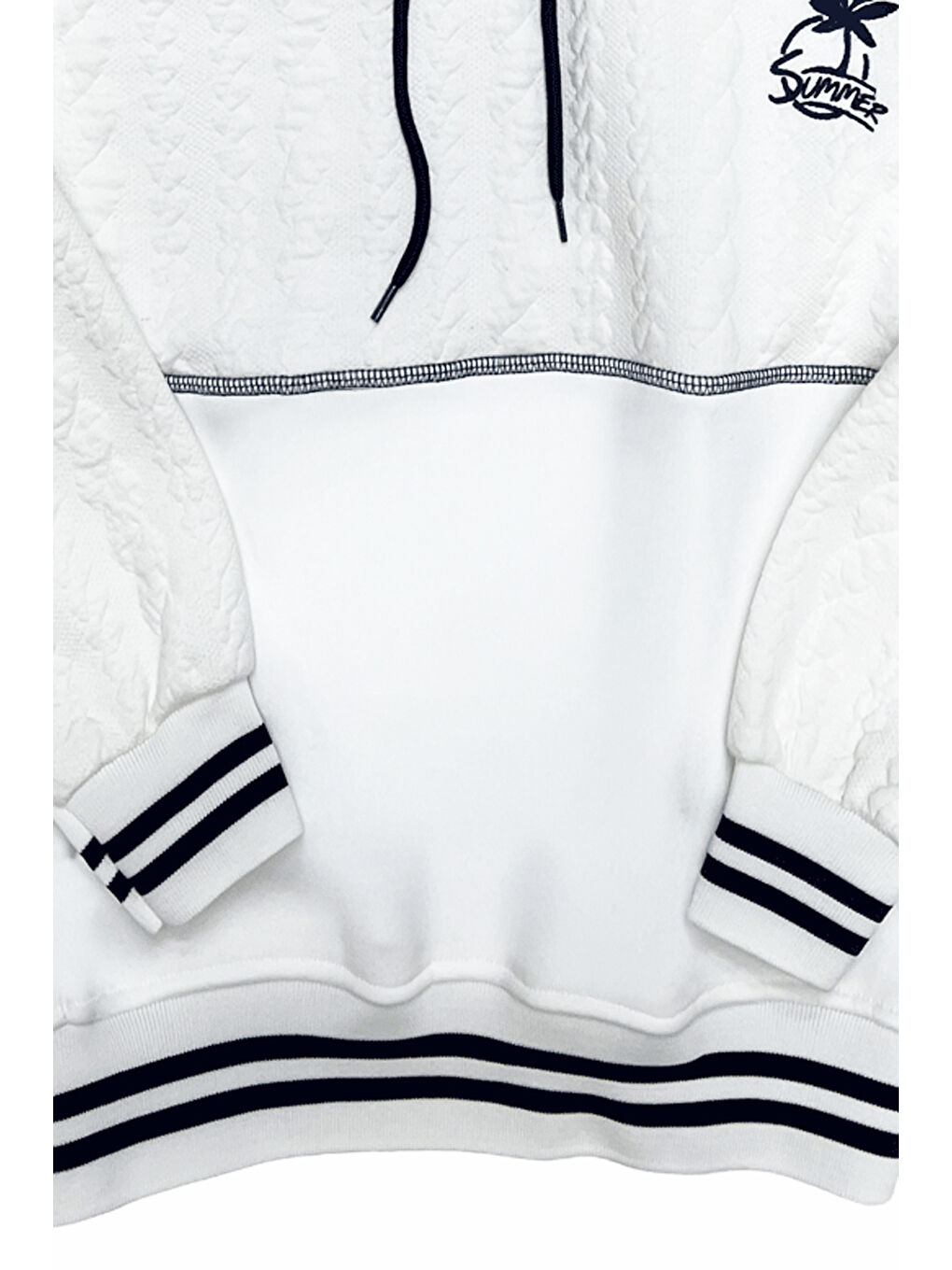 Beyaz Erkek Çocuk 3 İplik Garni Örme Desenli Kapüşonlu Sweatshirt 12334-2