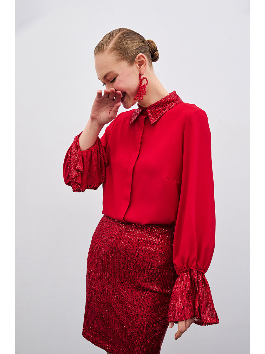 Payet Detaylı Gömlek - Kırmızı-2