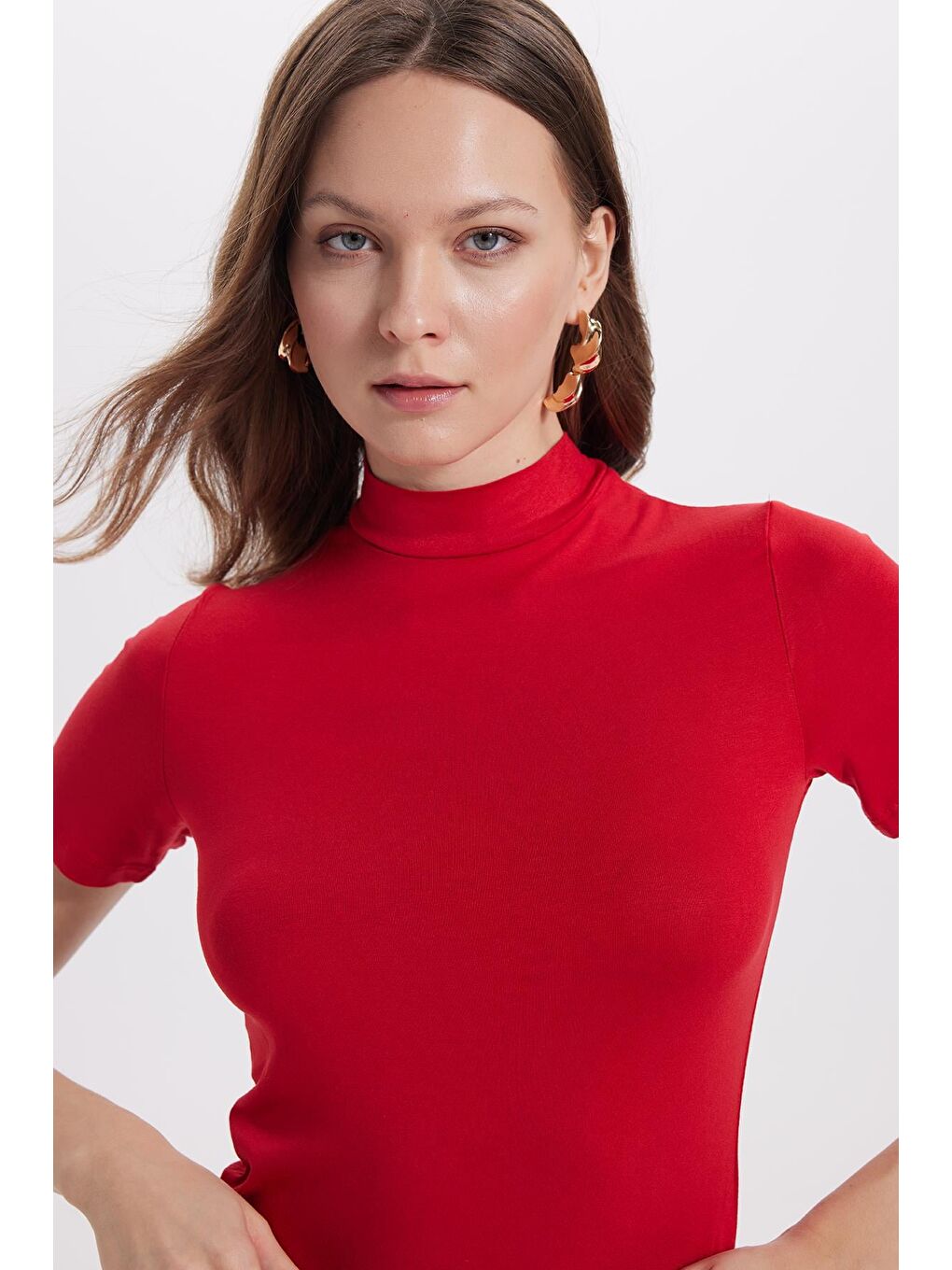 Kadın Standart Fit Kısa Kollu Yarım Balıkçı Yaka Kırmızı Bluz-1