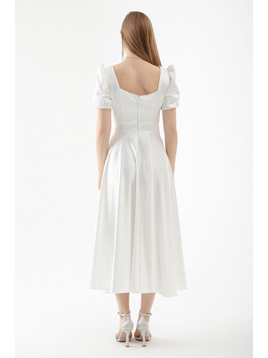 Kadın Beyaz Kare Yaka Balon Kollu Midi Abiye Elbise-4