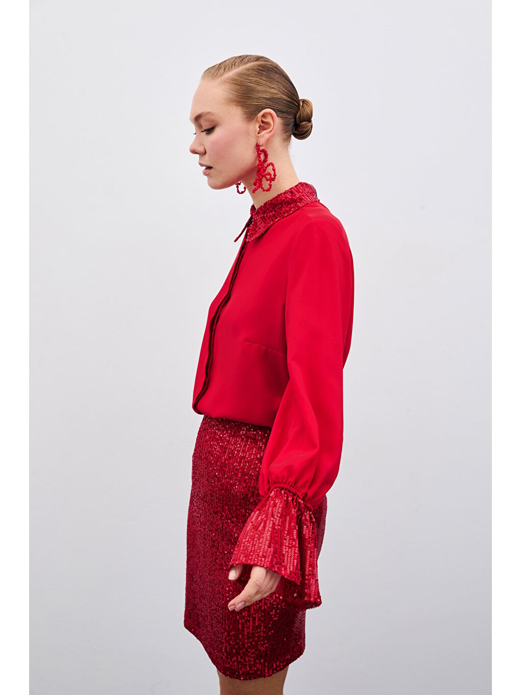 Payet Detaylı Gömlek - Kırmızı-3