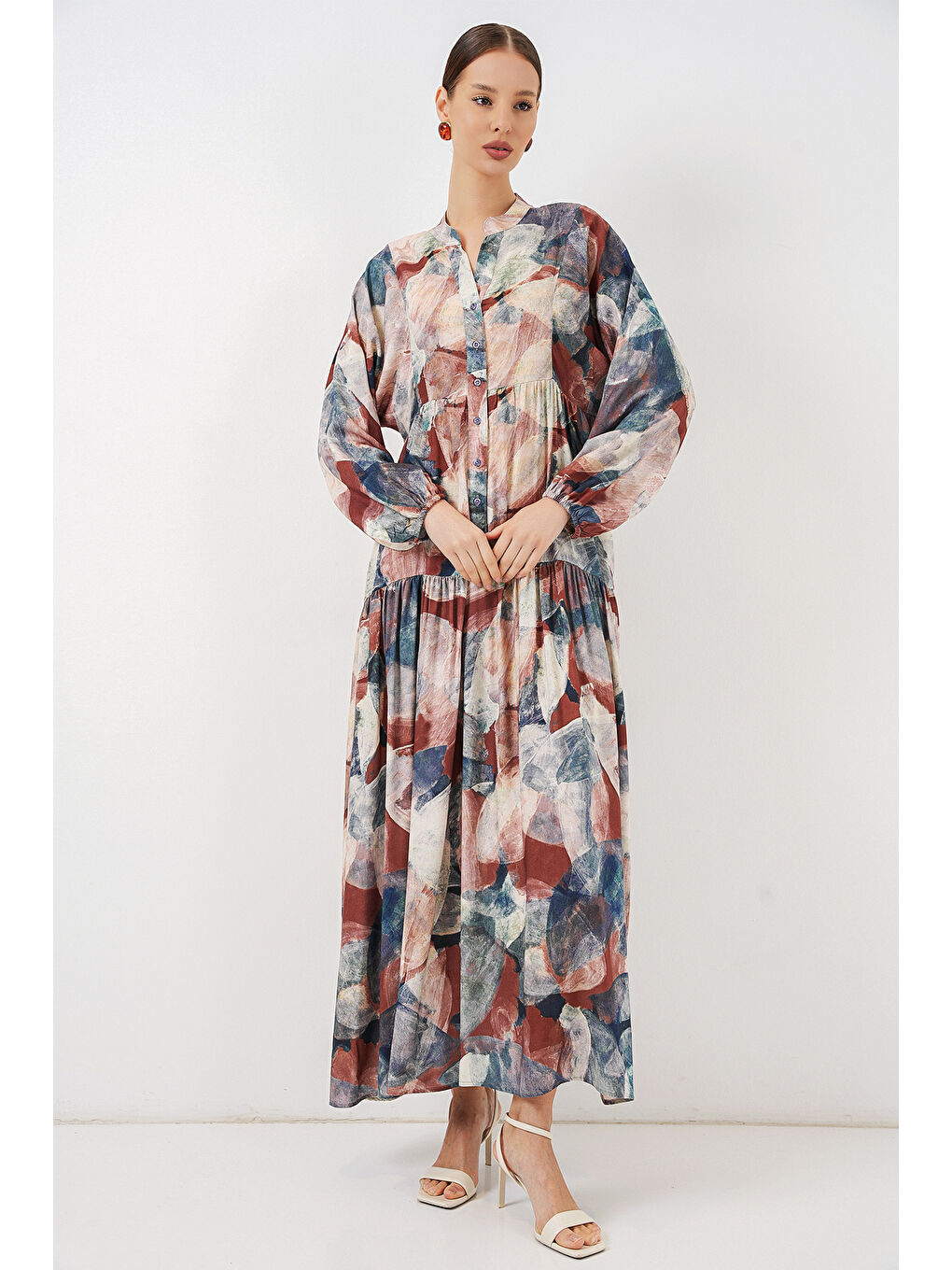 Kahverengi Kadın Desenli Uzun Tesettür Elbise 2585 - A. Kiremit-4