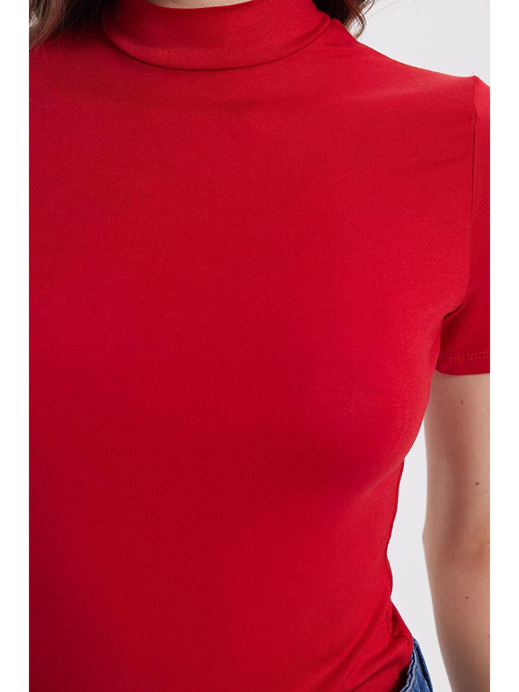 Kadın Standart Fit Kısa Kollu Yarım Balıkçı Yaka Kırmızı Bluz-2