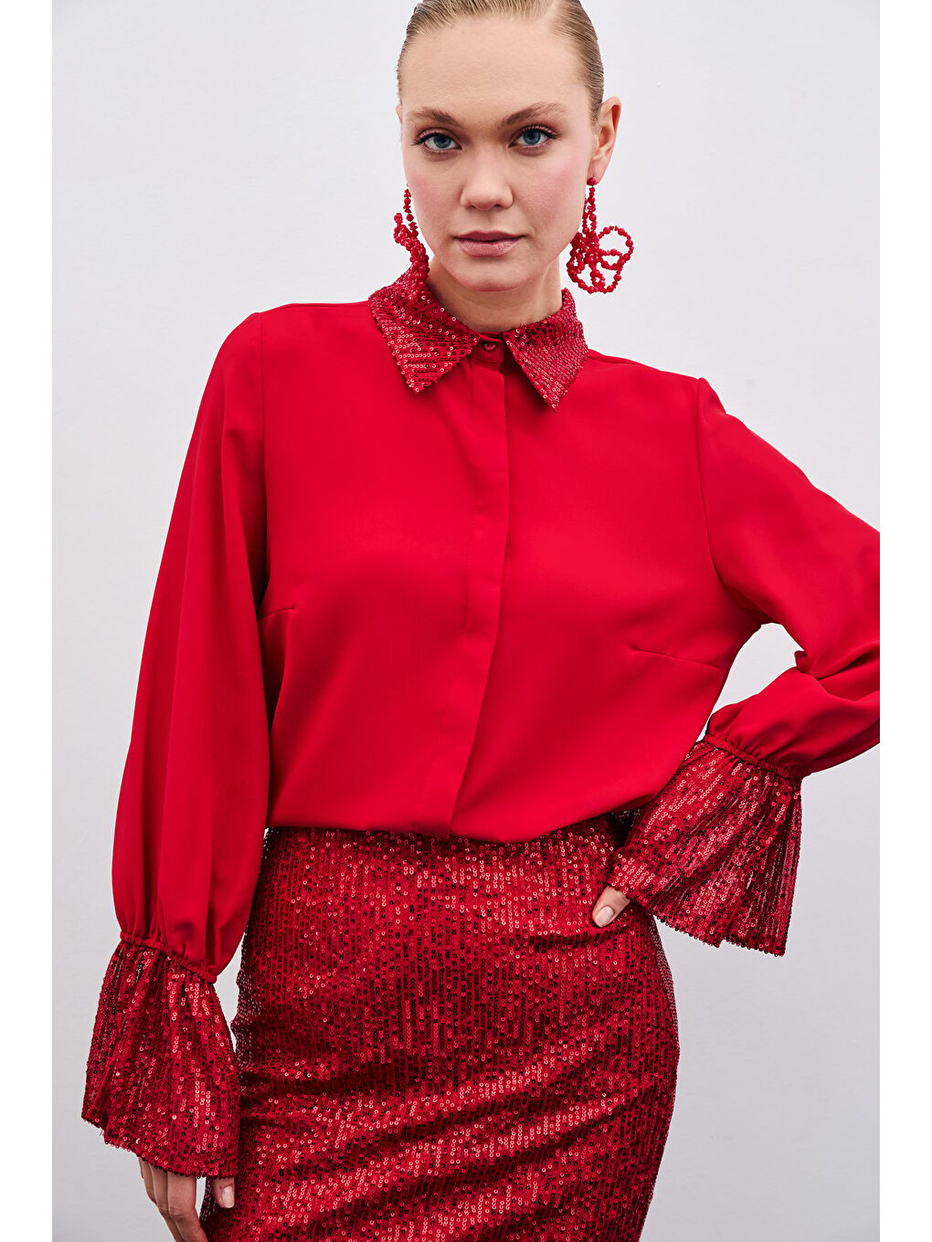 Payet Detaylı Gömlek - Kırmızı-4