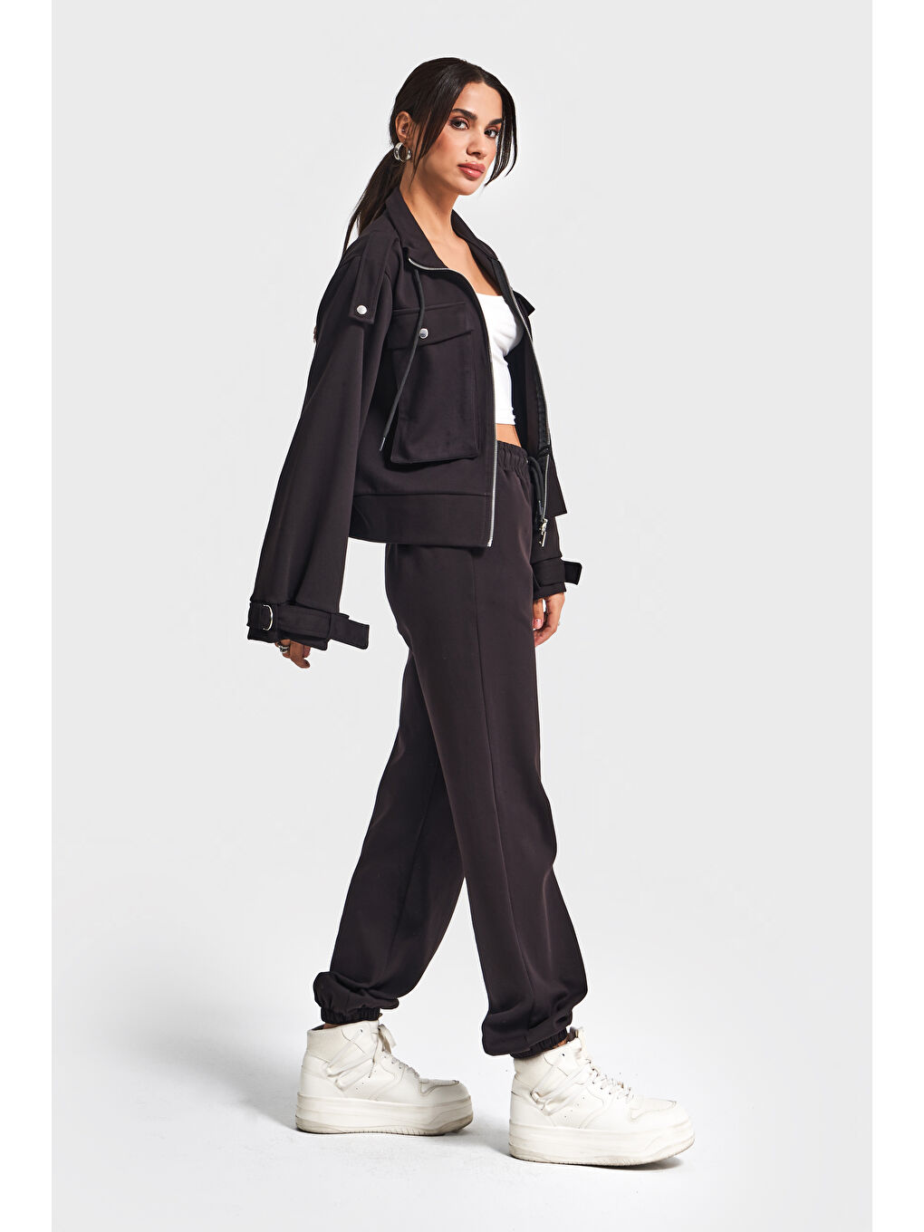 Kadın Siyah Renk w5-1 Örme Kumaş Alt Üst 2'li Kombin Takım-1