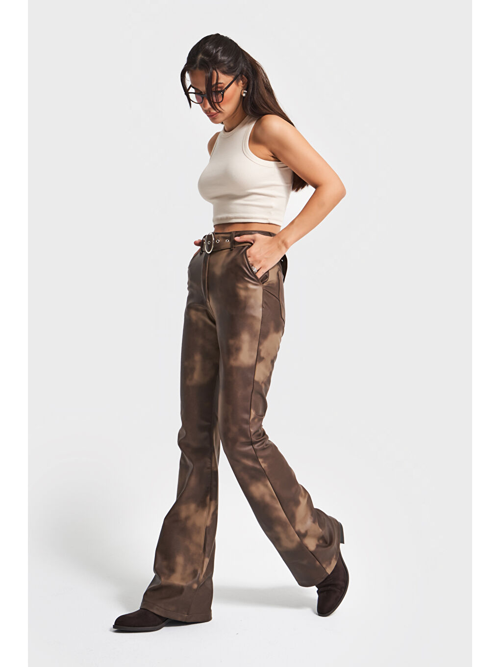 Kahverengi Kadın Batik Renk w5-16 Flare Fit Özel Renk Tasarım Deri Pantolon-4