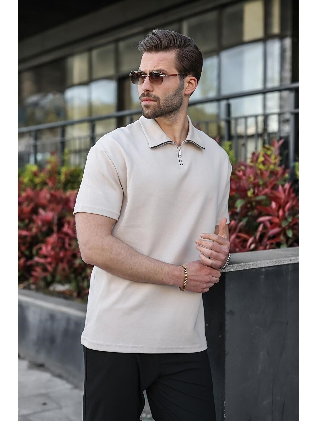 Açık Gri Yarım Fermuar Detaylı Polo Yaka Erkek Tişört E7184-1