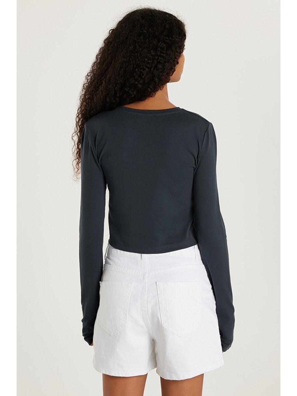 Kadın Slim Fit Dar Kesim Uzun Kollu Bisiklet Yaka Antrasit Bluz-4