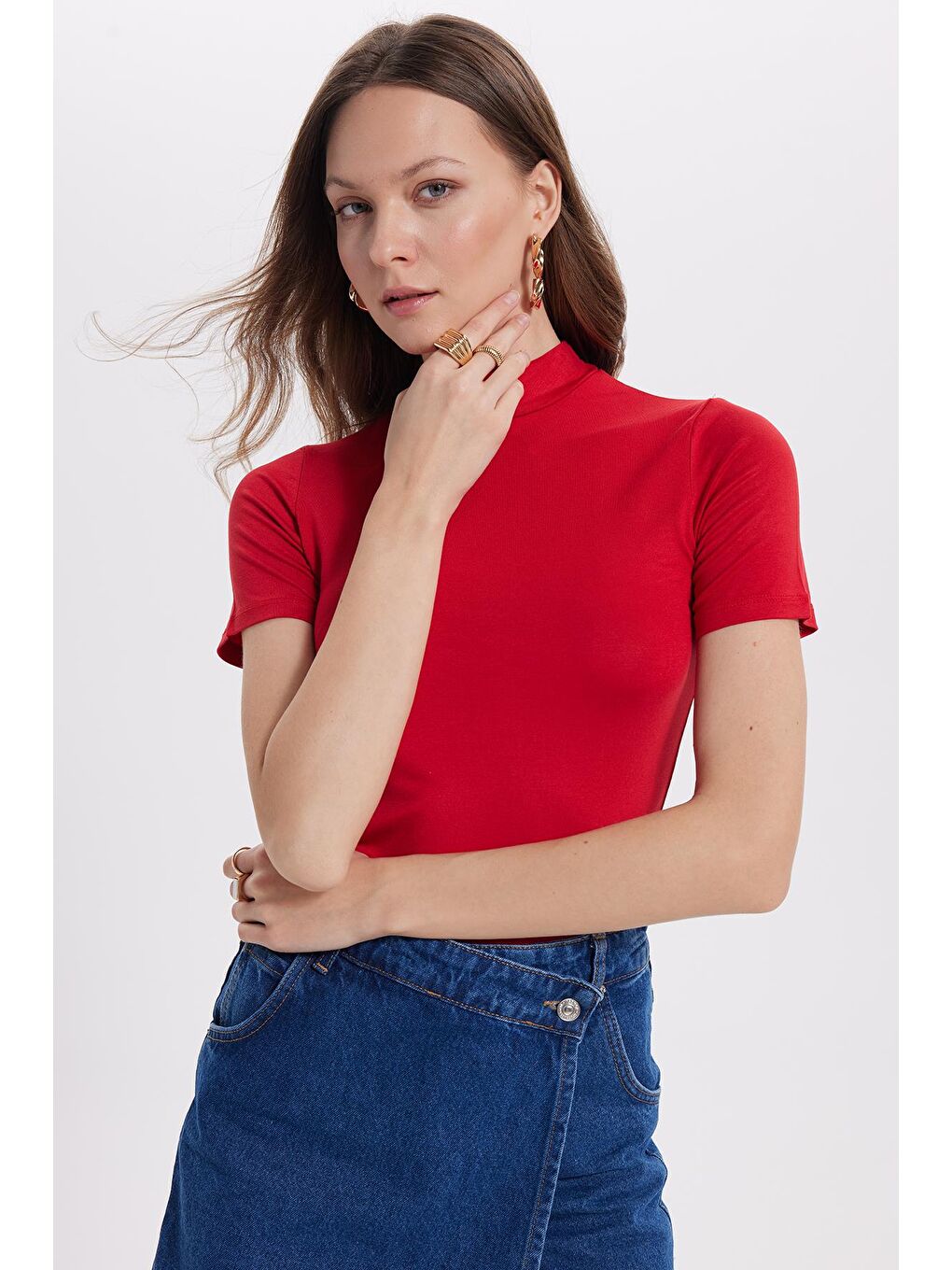 Kadın Standart Fit Kısa Kollu Yarım Balıkçı Yaka Kırmızı Bluz-3