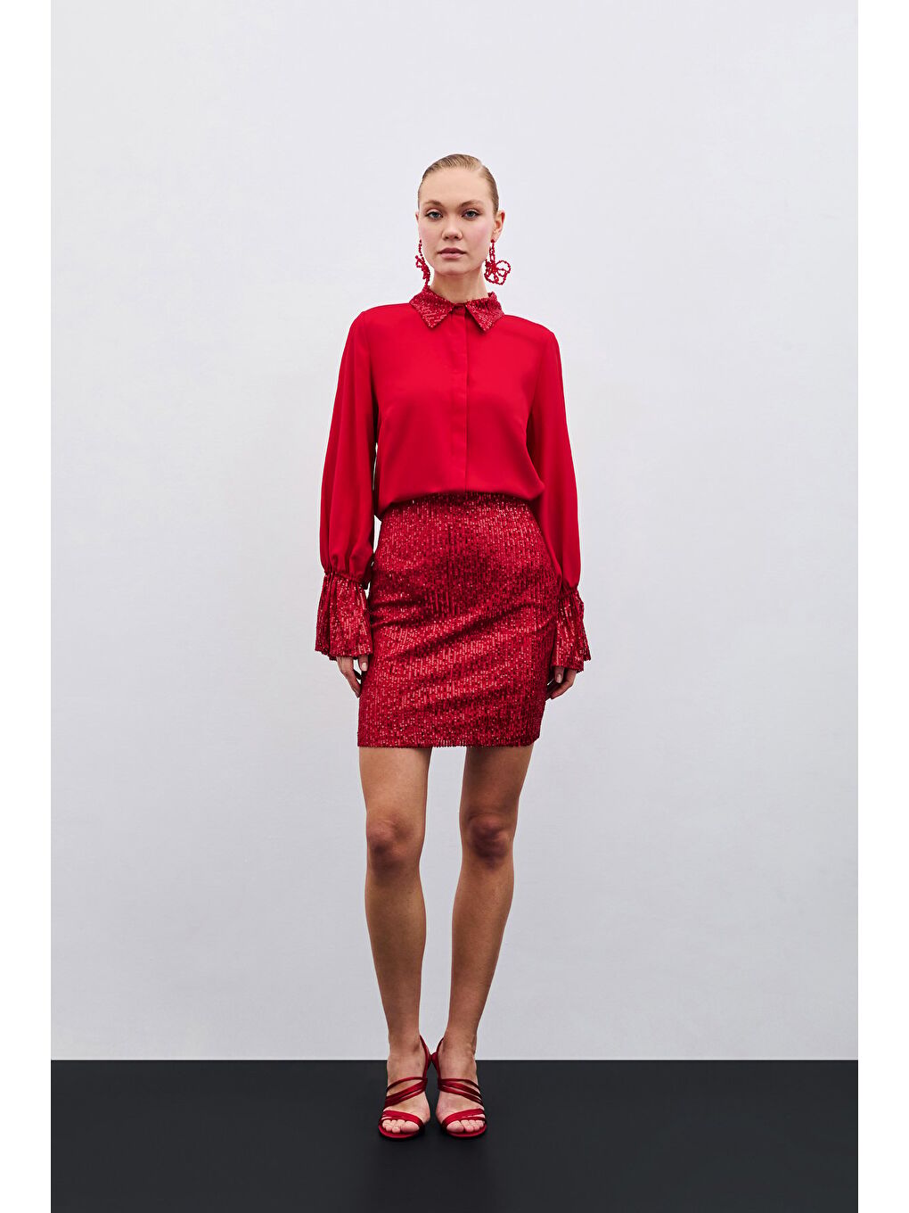 Payet Detaylı Gömlek - Kırmızı-6