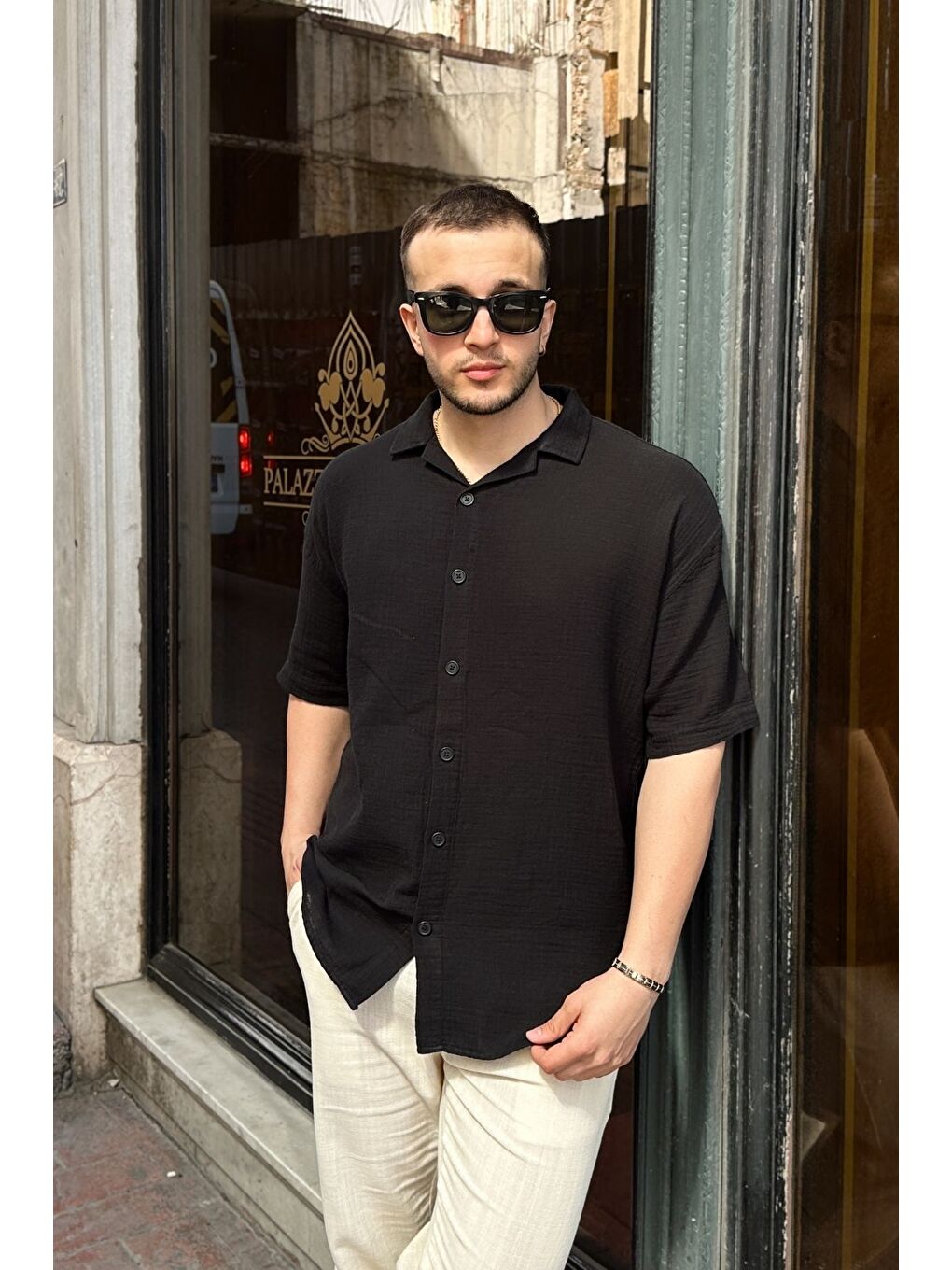 Siyah Nebel Erkek Yazlık Pamuk Gömlek Apaş Yaka Kısa Kollu, Düğmeli, Rahat Kalıp-2