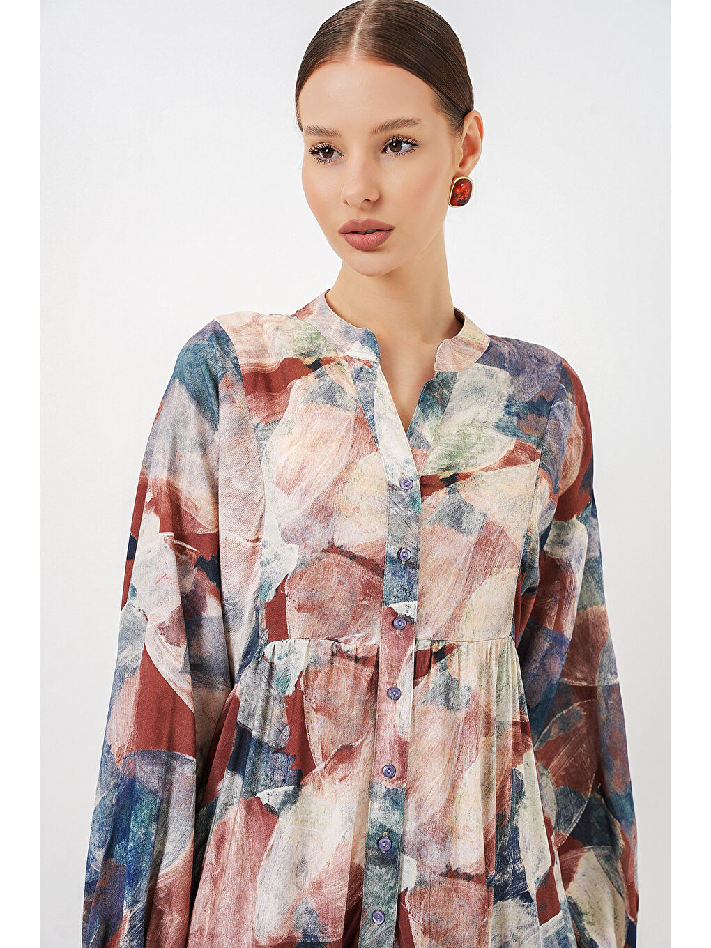 Kahverengi Kadın Desenli Uzun Tesettür Elbise 2585 - A. Kiremit-5