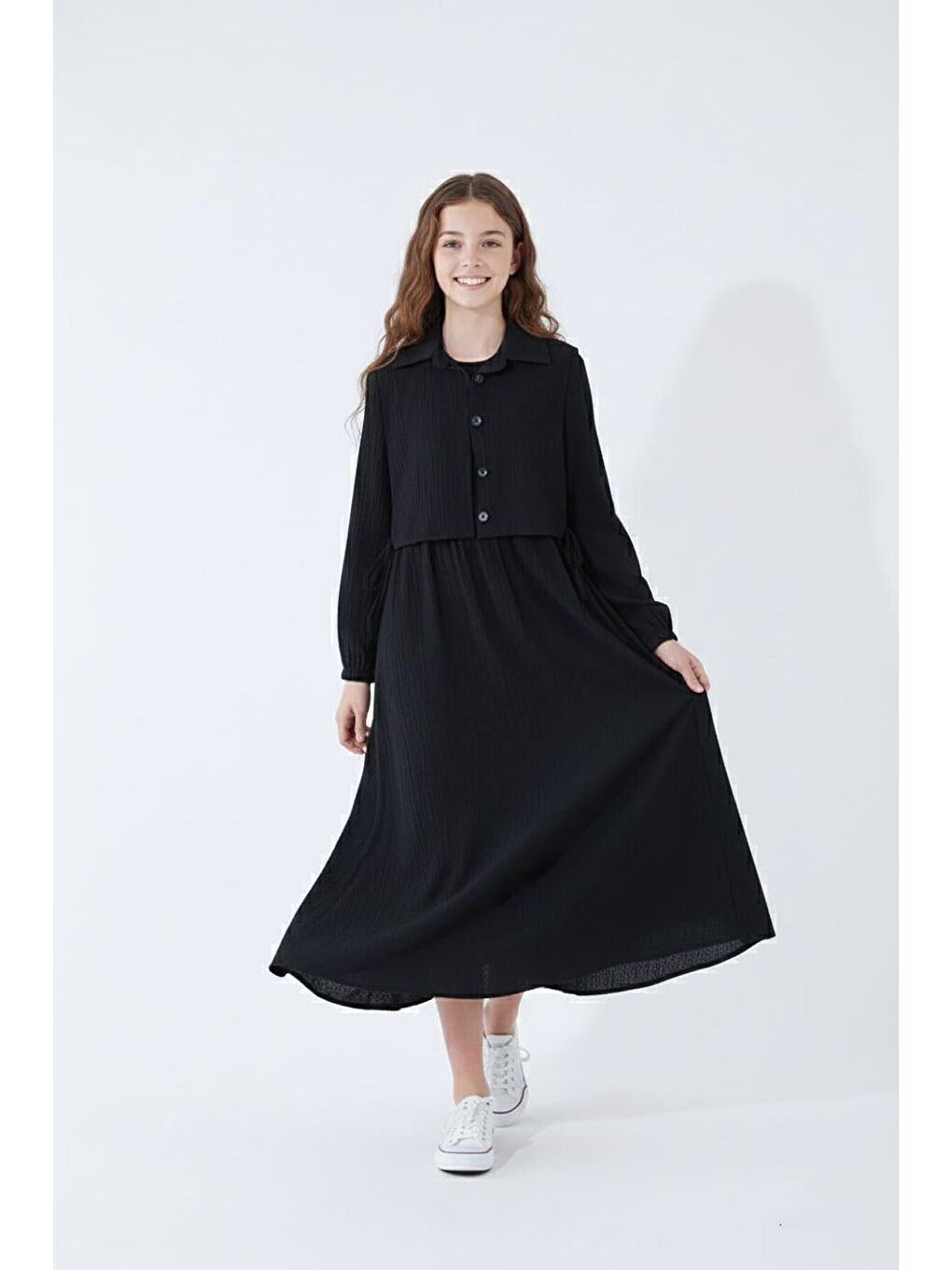 Siyah Bürümcük Kumaş Bağcıklı Süveterli Kız Çocuk Uzun Elbise Takımı 23518