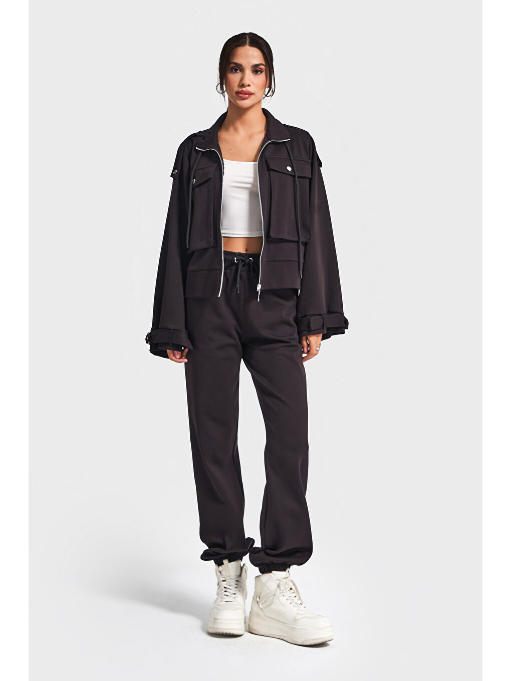 Kadın Siyah Renk w5-1 Örme Kumaş Alt Üst 2'li Kombin Takım-2