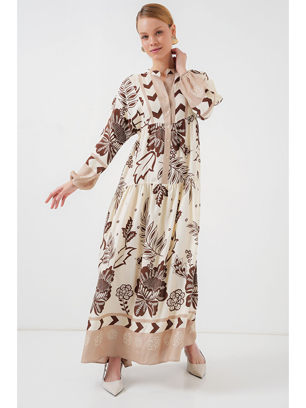 2423 Otantik Desenli Tesettür Elbise - H. Kahverengi-3