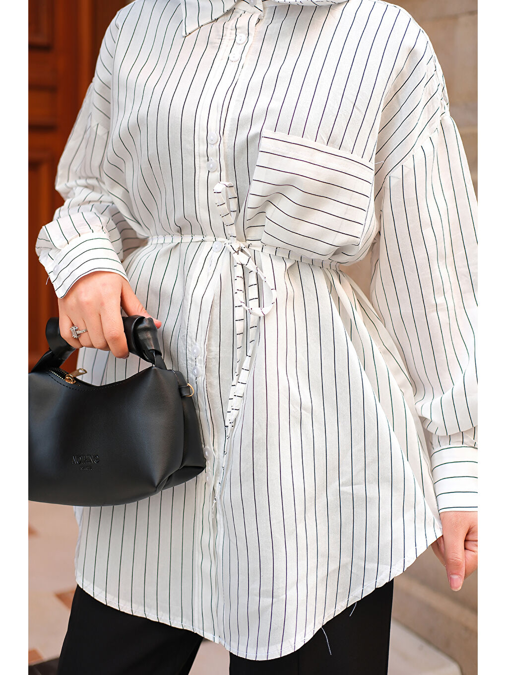 Kadın Çizgili Gömlek Beyaz-4