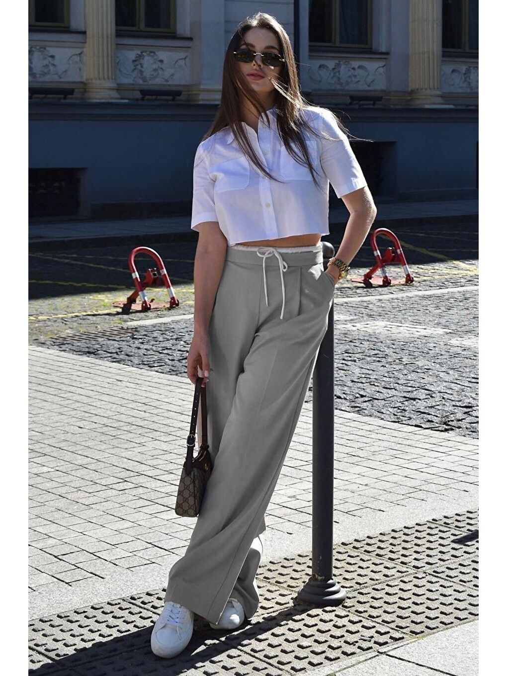 Gri Çift Bel Bantlı Wide Leg Kadın Pantolon Mg2551-2