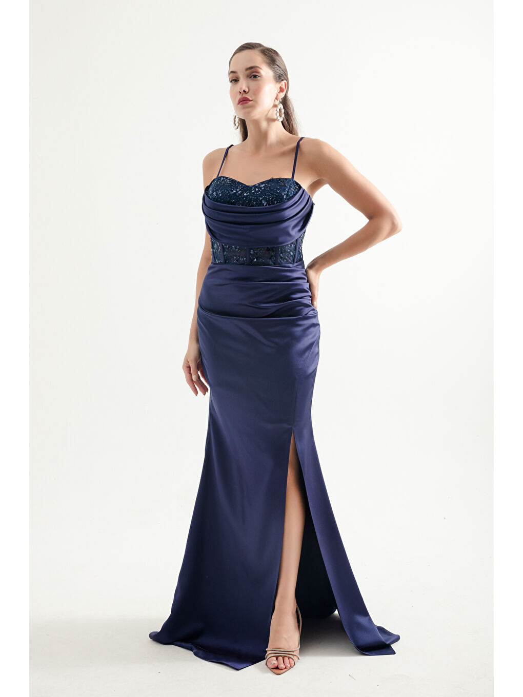 Kadın Lacivert Balen Korse Detaylı Taşlı Saten Uzun Abiye Elbise-2
