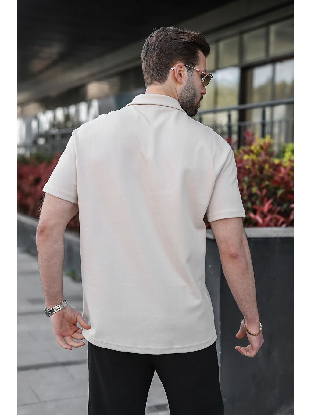 Açık Gri Yarım Fermuar Detaylı Polo Yaka Erkek Tişört E7184-2