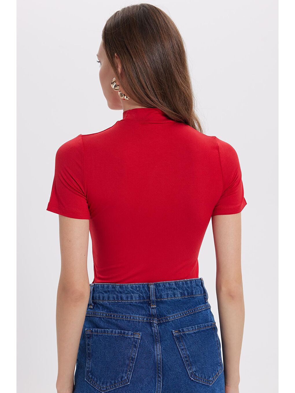 Kadın Standart Fit Kısa Kollu Yarım Balıkçı Yaka Kırmızı Bluz-7