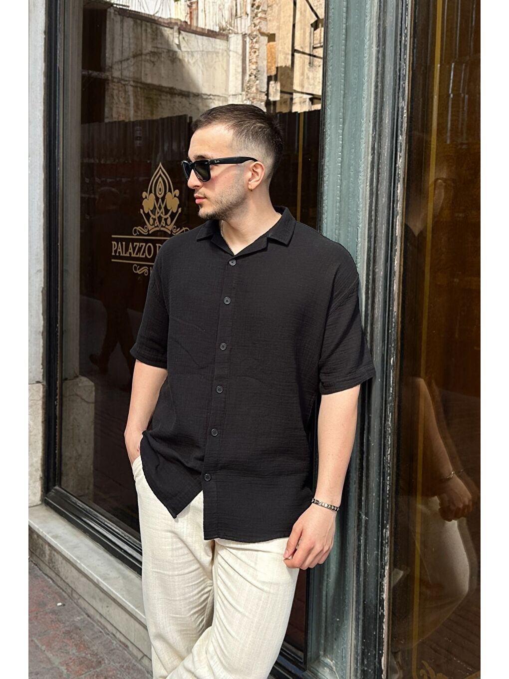 Siyah Nebel Erkek Yazlık Pamuk Gömlek Apaş Yaka Kısa Kollu, Düğmeli, Rahat Kalıp-3