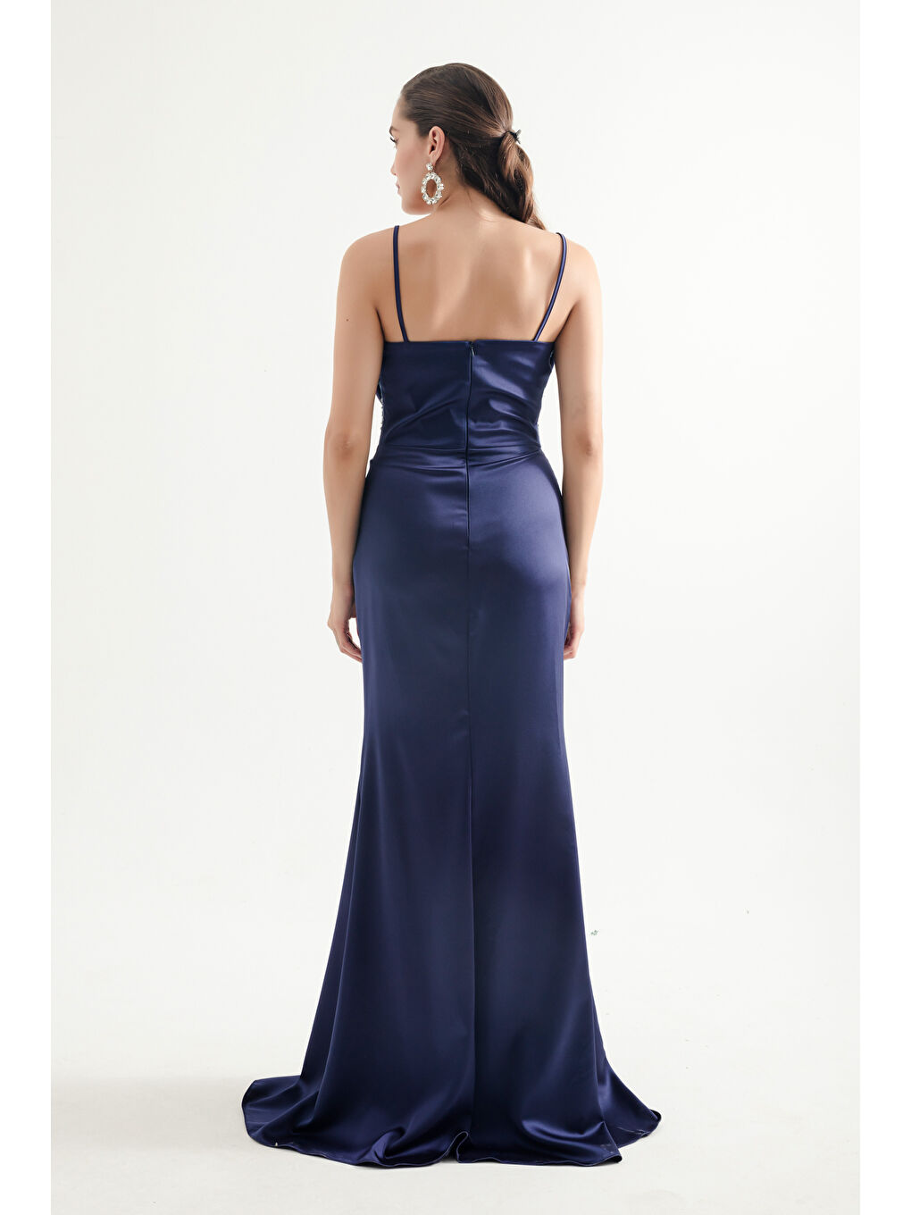 Kadın Lacivert Balen Korse Detaylı Taşlı Saten Uzun Abiye Elbise-4