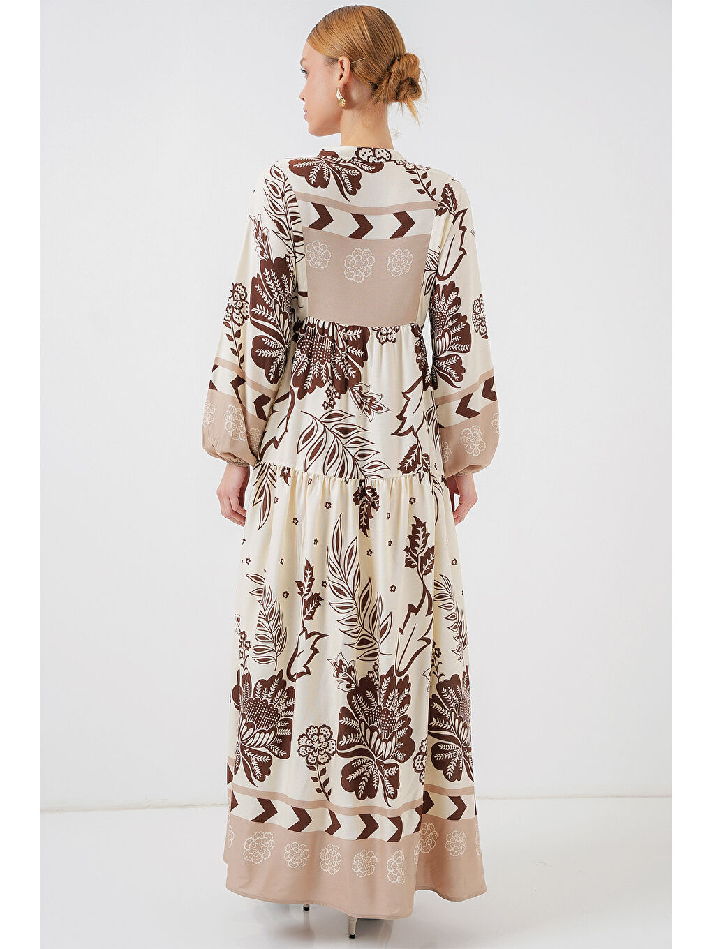 2423 Otantik Desenli Tesettür Elbise - H. Kahverengi-5