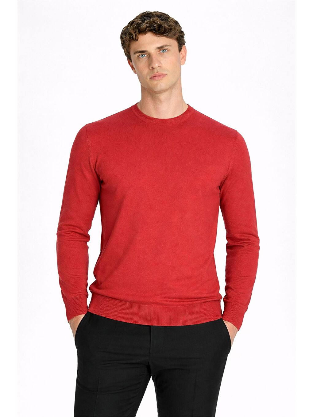 Kırmızı Nar Çiçeği Standart Fit Yün Karışımlı Bisiklet Yaka Düz Erkek Triko Kazak-1