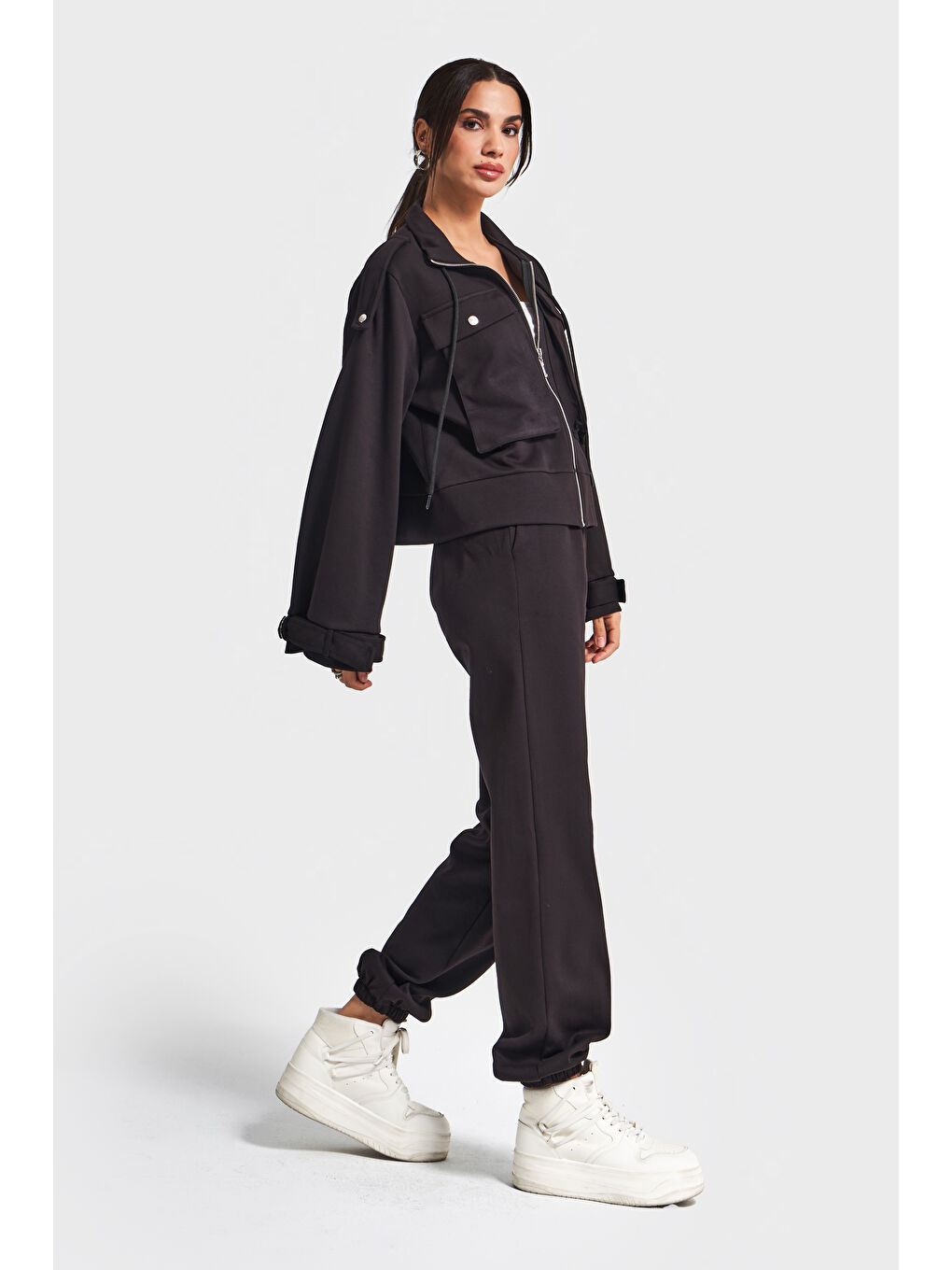 Kadın Siyah Renk w5-1 Örme Kumaş Alt Üst 2'li Kombin Takım-3