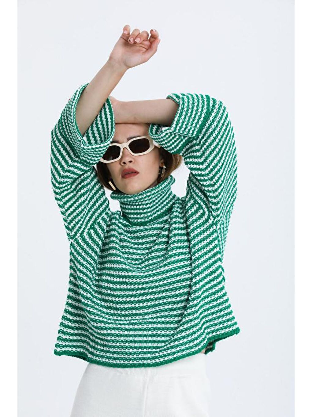 Yeşil Kadın Degaje Yaka Çizgili Triko Bluz 014