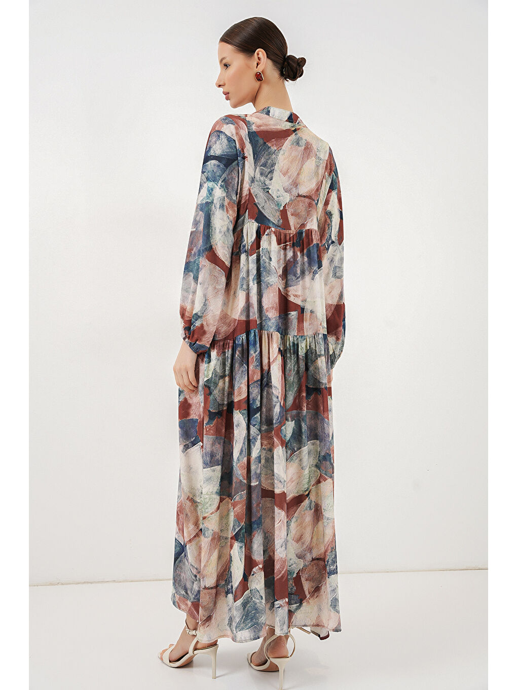 Kahverengi Kadın Desenli Uzun Tesettür Elbise 2585 - A. Kiremit-7