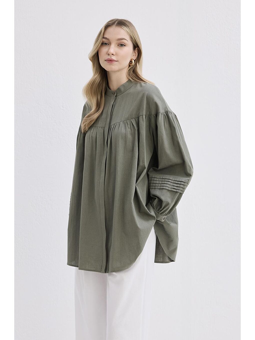 Nervürlü Keten Gömlek Haki Yeşil