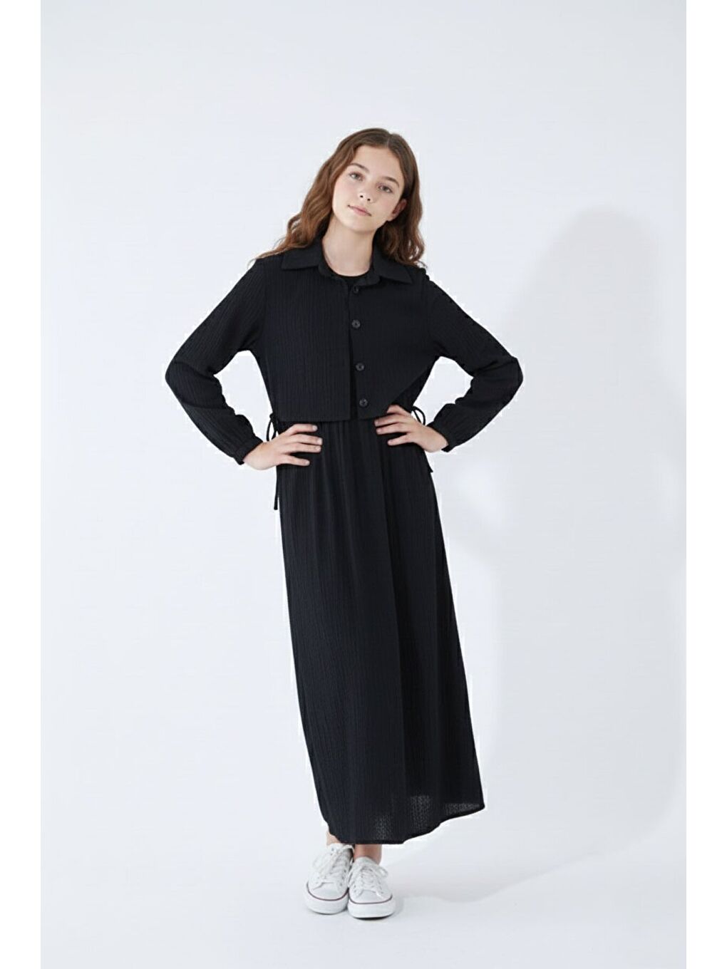 Siyah Bürümcük Kumaş Bağcıklı Süveterli Kız Çocuk Uzun Elbise Takımı 23518-3