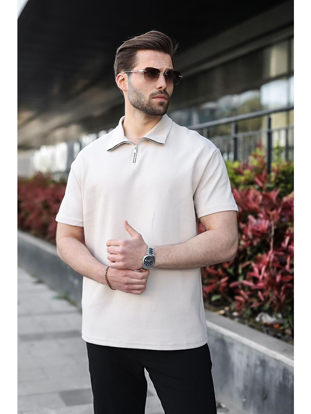 Açık Gri Yarım Fermuar Detaylı Polo Yaka Erkek Tişört E7184-3