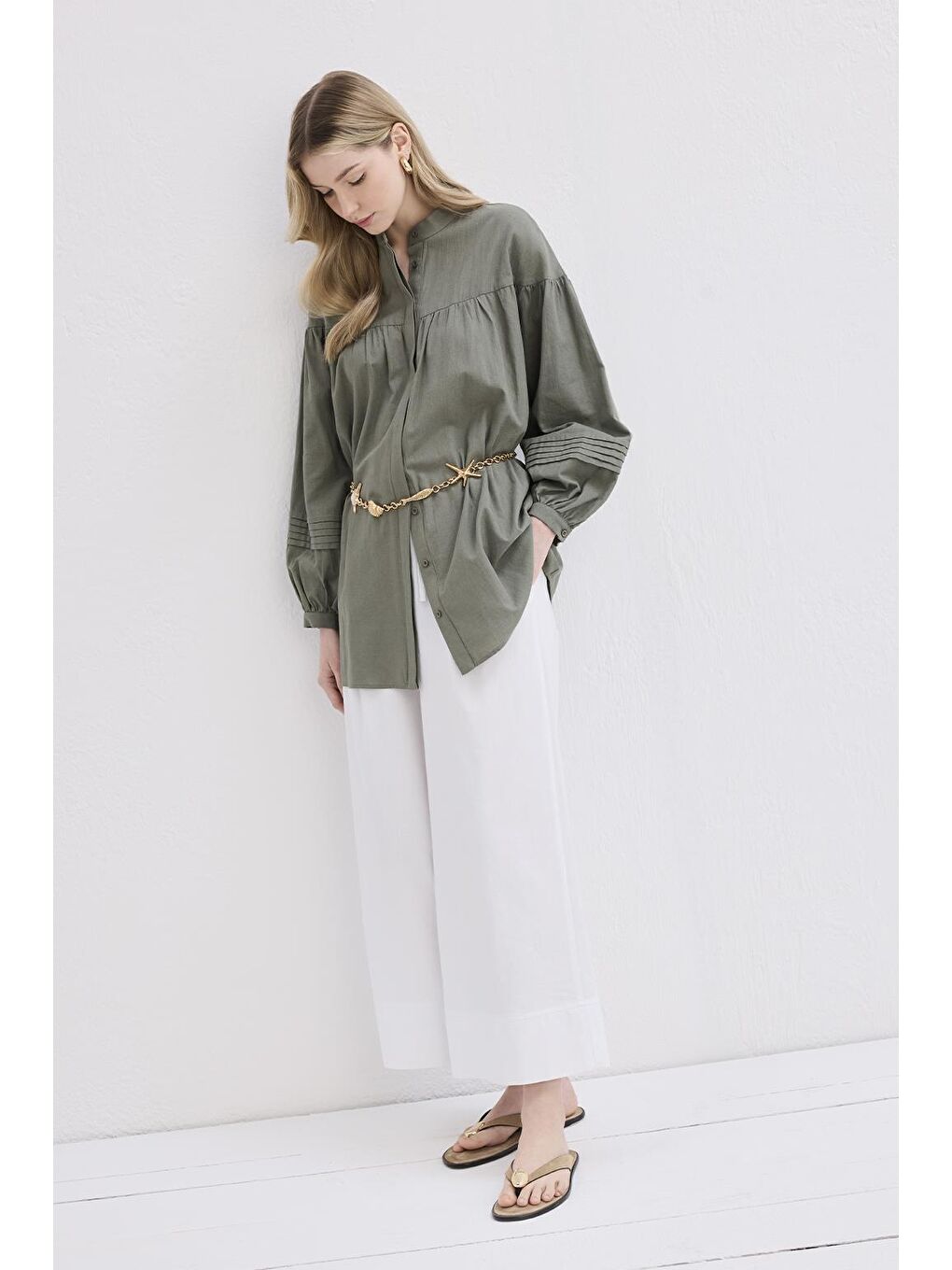 Nervürlü Keten Gömlek Haki Yeşil-1