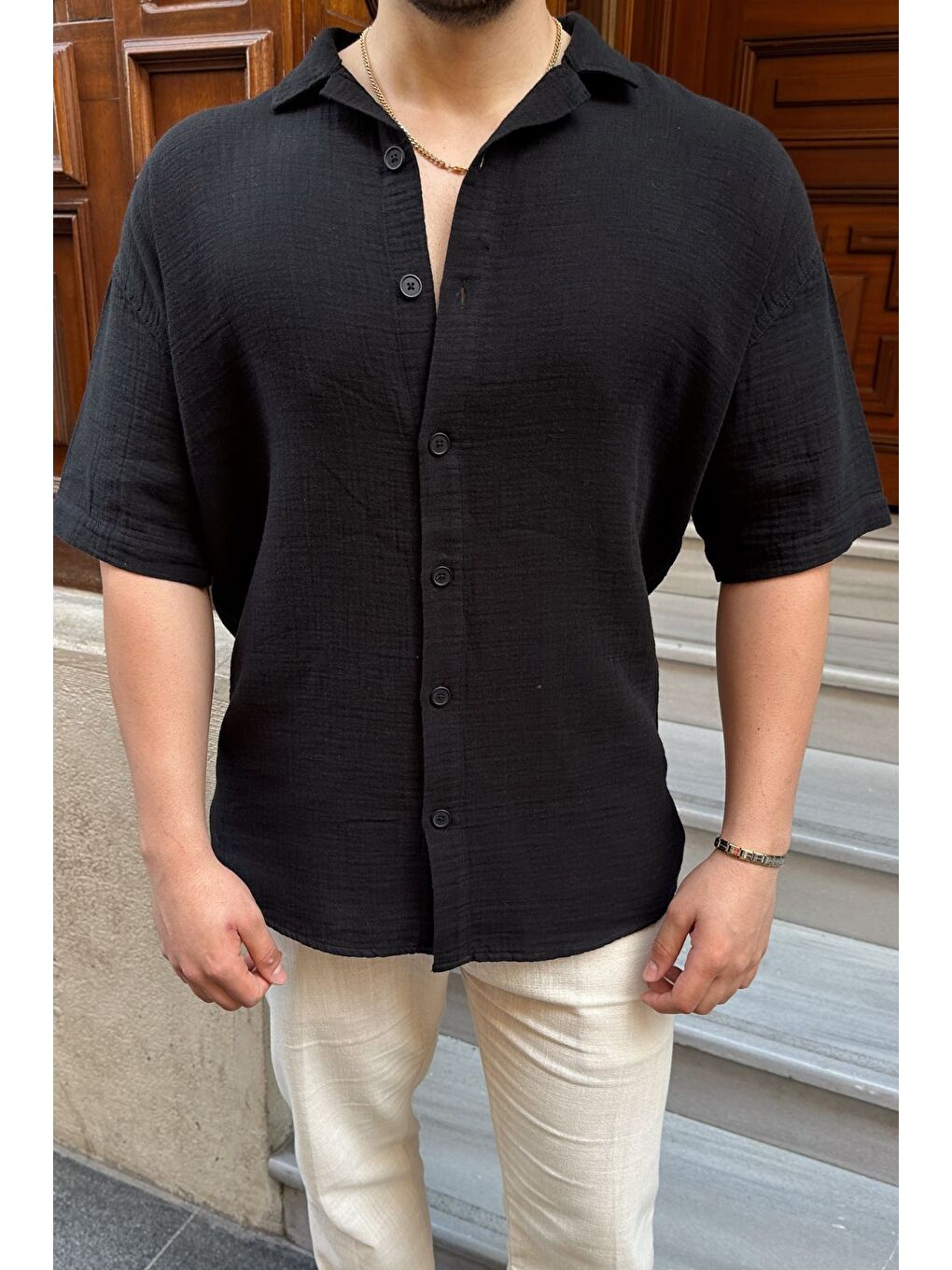 Siyah Nebel Erkek Yazlık Pamuk Gömlek Apaş Yaka Kısa Kollu, Düğmeli, Rahat Kalıp-4