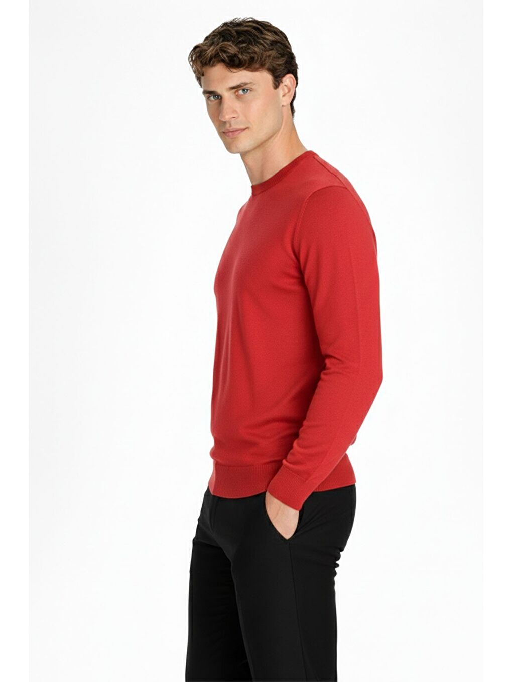 Kırmızı Nar Çiçeği Standart Fit Yün Karışımlı Bisiklet Yaka Düz Erkek Triko Kazak-2