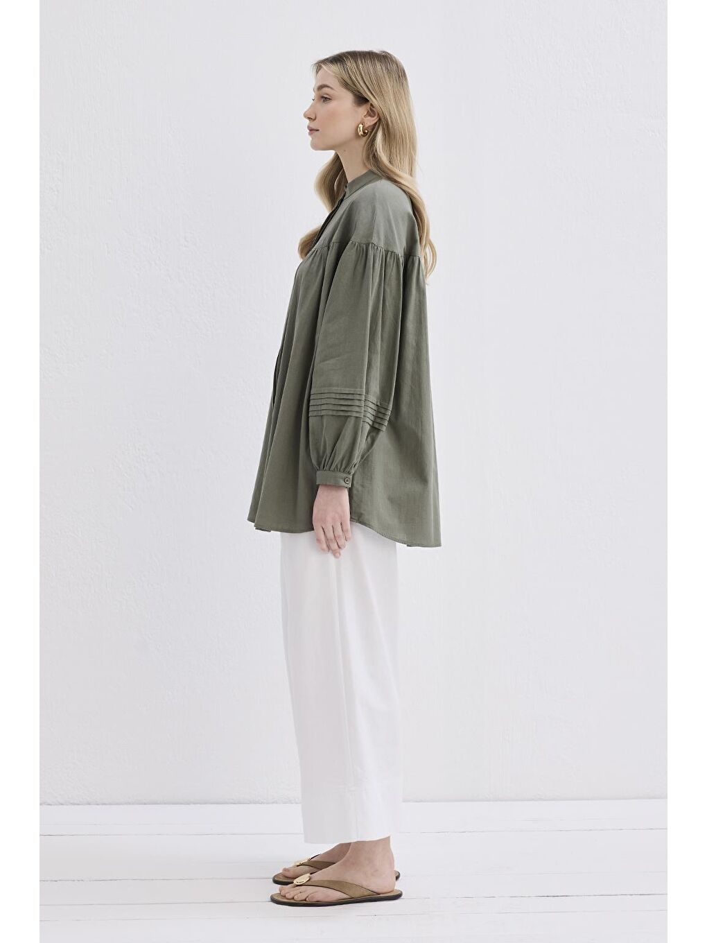 Nervürlü Keten Gömlek Haki Yeşil-3