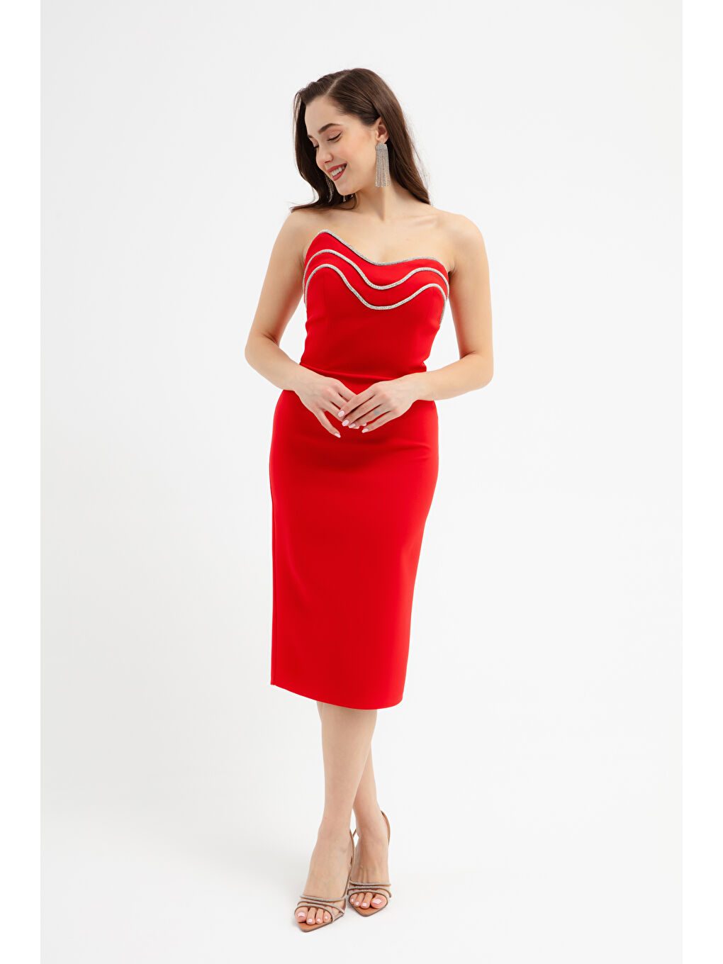Kadın Kırmızı Straplez Taşlı Midi Abiye Elbise